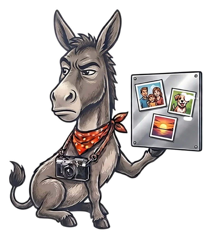 Snap Donkey donkey mascot holding a metal board with photo magnets of a family, a dog, and a sunset